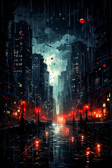 Obraz premium Generative AI illustration of Big city with night lighting in painterly