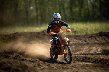 A child races a motocross bike through the mud track. Generative AI