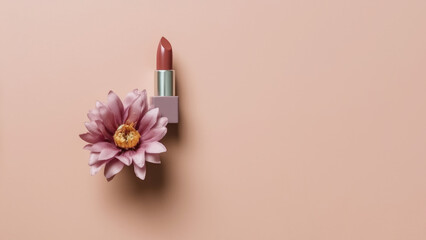 Composition of mauve lipstick and flowers for advertising cosmetic products, soft gradient background
