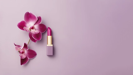 Composition of lipstick and purple orchid for advertising cosmetic products, soft gradient background