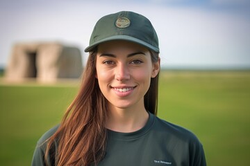 Studio portrait photography of a satisfied girl in her 30s wearing a casual baseball cap at the stonehenge in wiltshire england. With generative AI technology