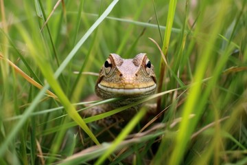 Fototapeta premium lizard with a grasshopper in its mouth, camouflaged in tall grass