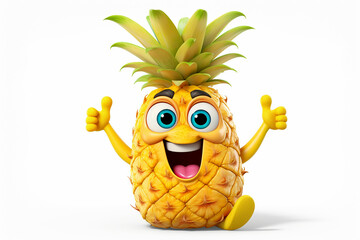 3d illustration of pineapple cartoon character with happy expression on white background. ‍ai generated