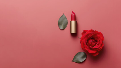 Obraz na płótnie Canvas Composition of lipstick and red rose flower to advertise cosmetic product, soft gradient background