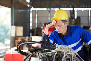 electrician engineer or worker checking electric cable in robot factory