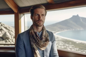 Photo sur Plexiglas Montagne de la Table Close-up portrait photography of a glad boy in his 30s wearing an elegant silk scarf at the table mountain in cape town south africa. With generative AI technology