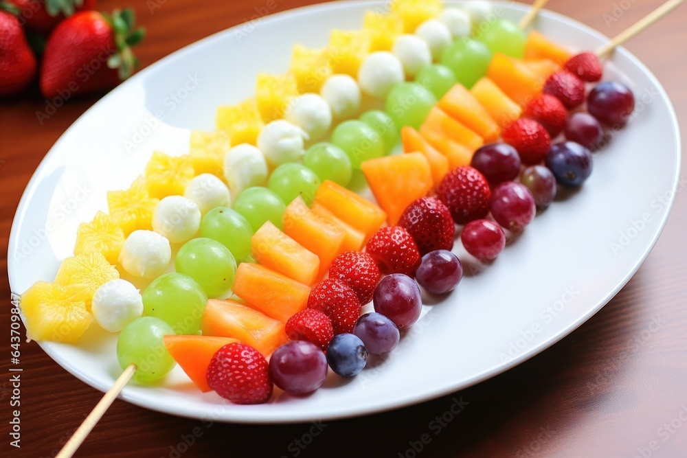 Wall mural rainbow fruit skewers on a white plate