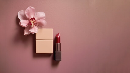 Composition of warm brick lipstick and flowers to advertise cosmetic products, soft gradient background