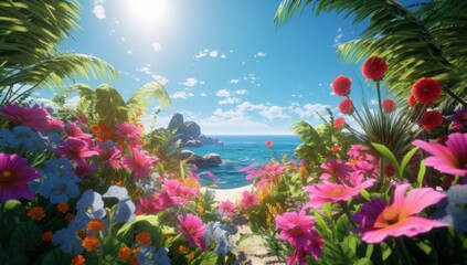 Fototapeta na wymiar Colorful flowers in the garden against seascape and blue sky