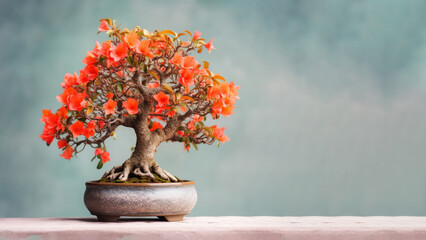 Traditional bonsai miniature bracts bougainvillea flower plant blooming in a ceramic pot, soft gradient blur background.
