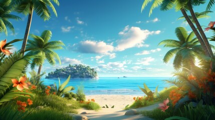 Fototapeta na wymiar Tropical beach with palm trees and flowers. 3d render