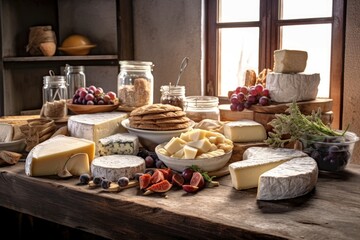 variety of artisan cheeses on a rustic table