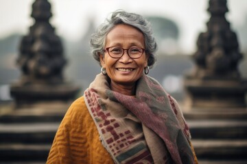 Medium shot portrait photography of a joyful mature woman wearing a warm wool sweater at the borobudur temple in magelang indonesia. With generative AI technology - obrazy, fototapety, plakaty