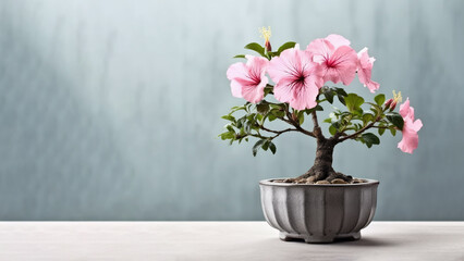 Traditional bonsai miniature pink hibiscus flower plant blooming in a ceramic pot, soft gradient blur background.