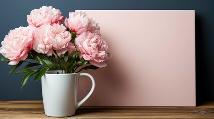 White mug mockup, pot with pink flowers