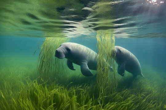 underwater shot of manatees flipper stirring up seagrass