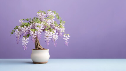 Traditional bonsai miniature white wisteria flower plant blooming in a ceramic pot, soft gradient blur background.
