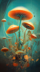 Digital Wall Art, Fantasy, Illustration, Mushrooms in the Blue Forest 