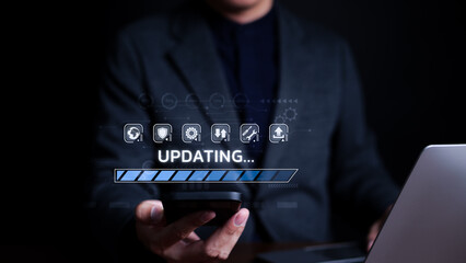 Update software application upgrade technology concept. Man using smart phone, Software update or...