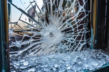 cracked train window with shattered glass on ground