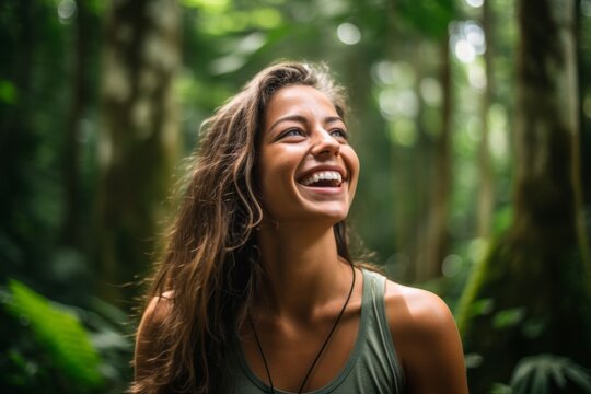 Lifestyle portrait photography of a joyful girl in her 20s wearing a cute crop top at the amazon rainforest in brazil. With generative AI technology