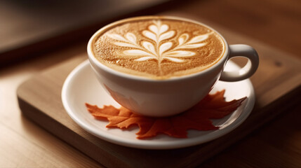 Close up image of a pumpkin spice latte, espresso with autumn leaf latte art. International Coffee Day concept.