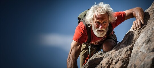 Senior man with a tourist backpack climbs a mountain. The concept of active life of the elderly. - obrazy, fototapety, plakaty