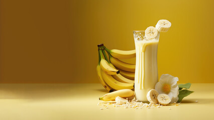 A glass of banana smoothies, herb healthy drink on soft gradient blur background.