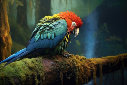 rainforest parrot preening feathers in a serene setting