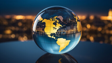 translucent globe with map with city scape as the background. finance, technology, news concept image.