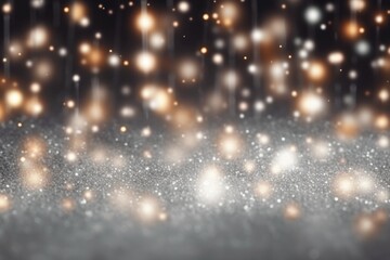 Fototapeta na wymiar Silver bokeh light background, Christmas glowing bokeh confetti and sparkle texture overlay for your design. Sparkling Silver dust abstract luxury decoration background.