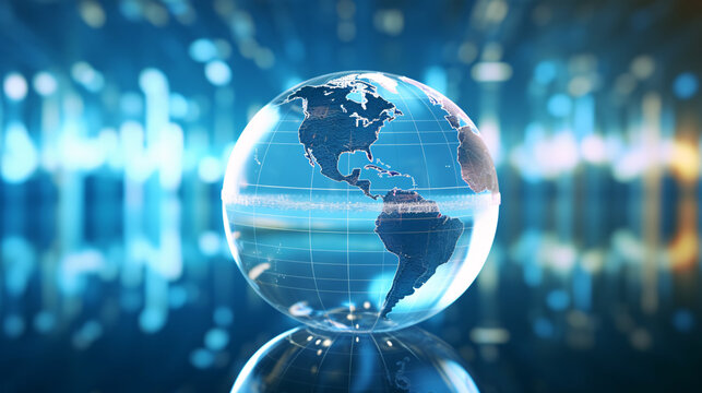 translucent globe with map with city scape as the background. finance, technology, news concept image.