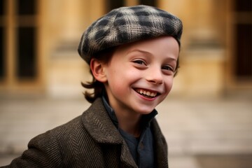Close-up portrait photography of a cheerful boy in his 30s wearing a stylish beret at the palace of...