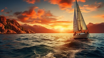 Sailboat sailing on a calm evening with dramatic sunset. Cinematic, Professional photography, Photo