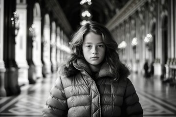 Photography in the style of pensive portraiture of a joyful girl in her 30s wearing a quilted...