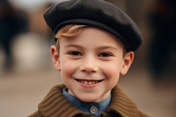 Close-up portrait photography of a cheerful boy in his 30s wearing a stylish beret at the palace of versailles in versailles france. With generative AI technology