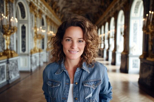 Medium shot portrait photography of a satisfied girl in her 40s wearing a versatile denim shirt at the palace of versailles in versailles france. With generative AI technology