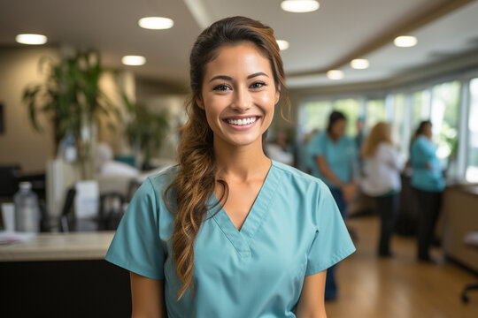 Portrait of Asian smiling female nurse in hospital or clinic. Smiling woman doctor wear uniform in hospital corridor.