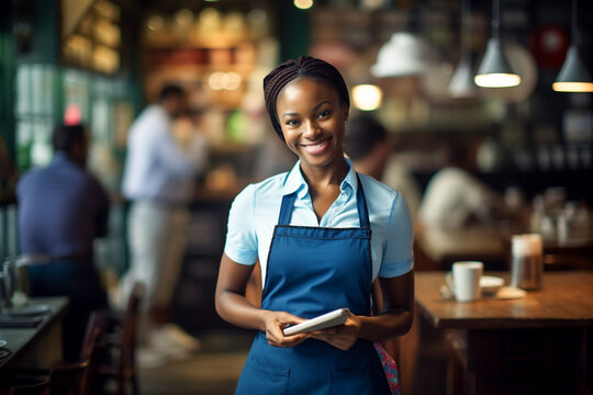African American woman waiter ready to take orders. Coffee shop, barista and confident, happy and proud young female employee, worker or small business owner of cafeteria.