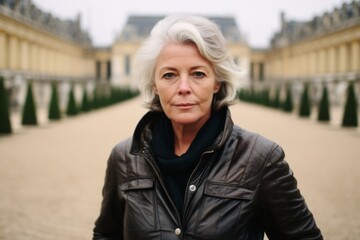 Close-up portrait photography of a glad mature woman wearing a classic leather jacket at the palace...