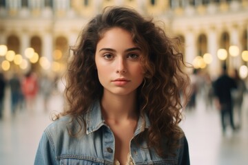 Close-up portrait photography of a glad girl in her 20s wearing a versatile denim shirt at the...
