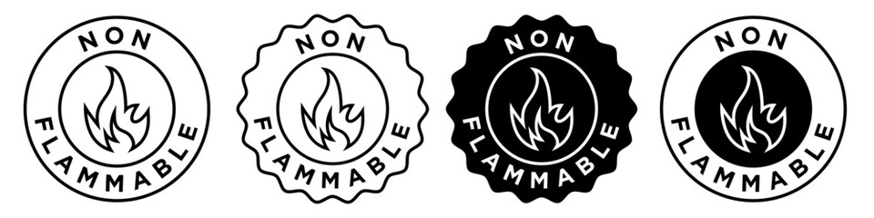non flammable icon. No toxic heat resistant gas symbol. Fire proof label sticker vector for product packaging. No flame round stamp - obrazy, fototapety, plakaty