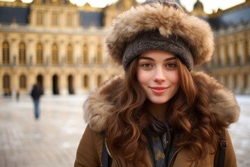 Medium shot portrait photography of a glad girl in her 20s wearing a stylish trapper hat at the palace of versailles in versailles france. With generative AI technology