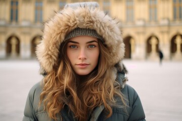 Medium shot portrait photography of a glad girl in her 20s wearing a stylish trapper hat at the...