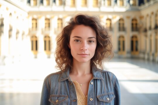 Close-up portrait photography of a glad girl in her 20s wearing a versatile denim shirt at the palace of versailles in versailles france. With generative AI technology