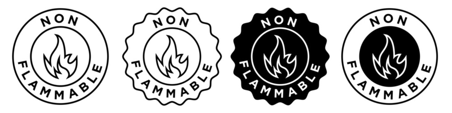 non flammable icon. No toxic heat resistant gas symbol. Fire proof label sticker vector for product packaging. No flame round stamp