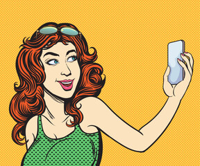 Selfie, A young woman uses a mobile phone to take pictures of herself. Pop art hand drawn style vector design illustrations.