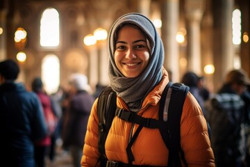 Medium shot portrait photography of a jovial girl in her 30s wearing a thermal insulation vest at the blue mosque in istanbul turkey. With generative AI technology - obrazy, fototapety, plakaty