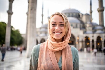 Obraz premium Close-up portrait photography of a joyful girl in her 20s wearing an elegant halter top at the blue mosque in istanbul turkey. With generative AI technology
