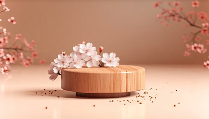 Minimalist Wooden Podium with Cherry Blossom Branch in Serene Peach and Pink Background,Wooden Pedestal Display Stand With Flowers On A Clean Background